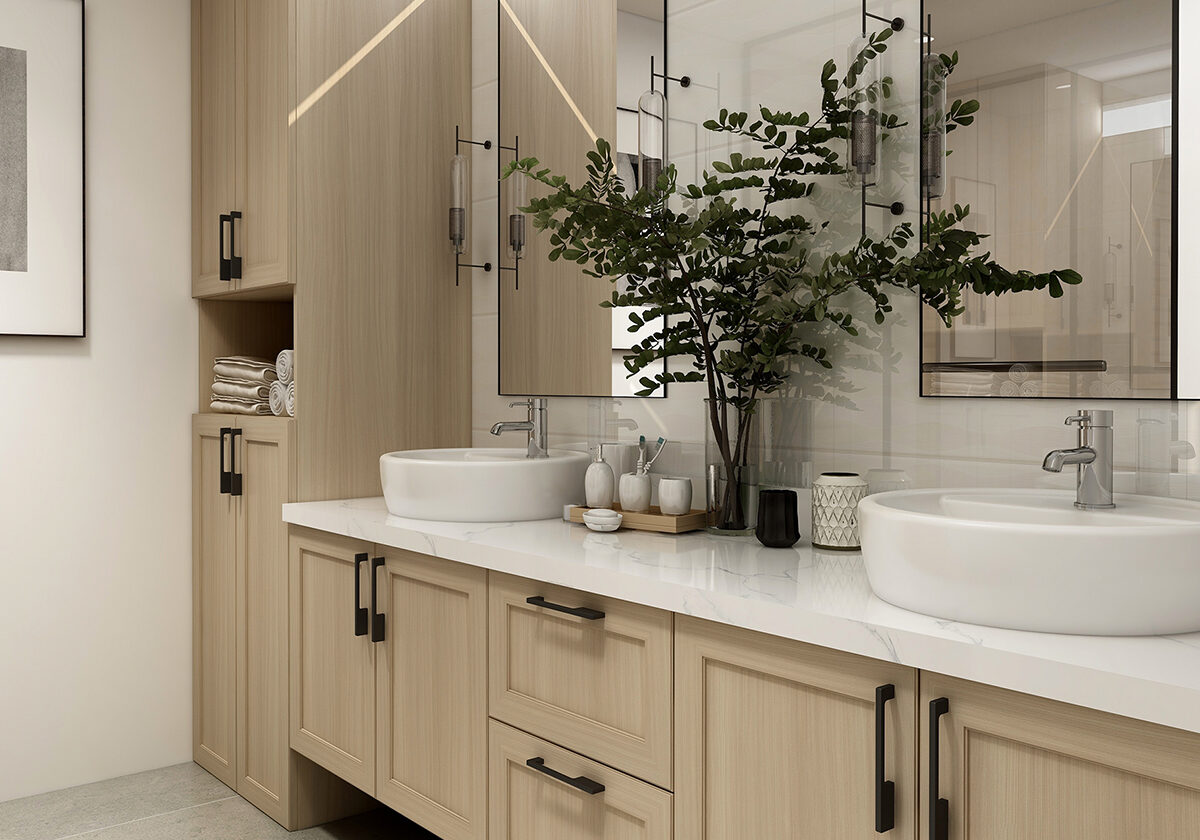 Image of a bathroom with wood cabinets